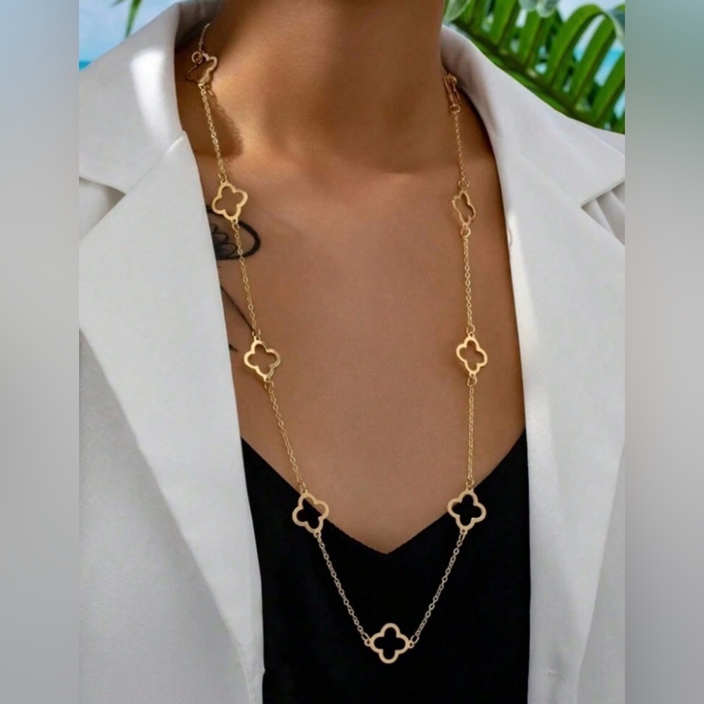 Four Leaf Clover Gold Long  Necklace